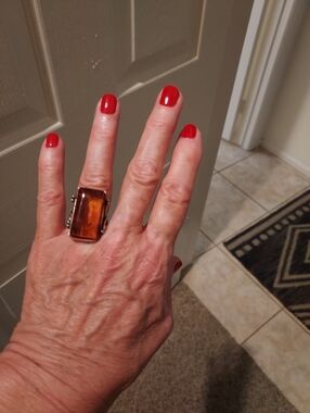 Amber Rectangular Ring with Silver Band